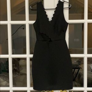 Black Aqua Scallop Scuba Bodycon Dress with Cutout